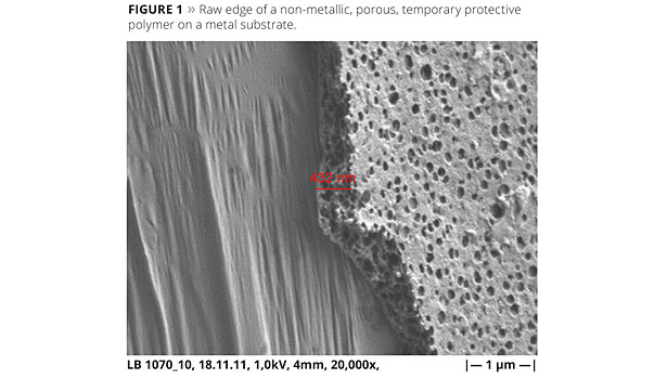 Figure 1. Raw edge of a non-metallic, porous, temporary protective polymer on a metal substrate. © PCI