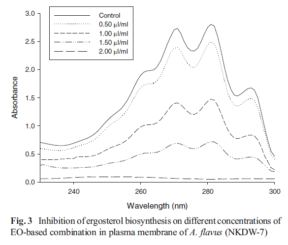 Fig. 3 Inhibition of ergosterol biosynthesis on different concentrations of EO-based combination in plasma membrane of A. flavus (NKDW-7)